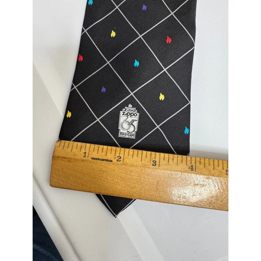 Vtg Zippo 65th Anniversary Silk Necktie Black Diamond Pattern Flame Accents Mens